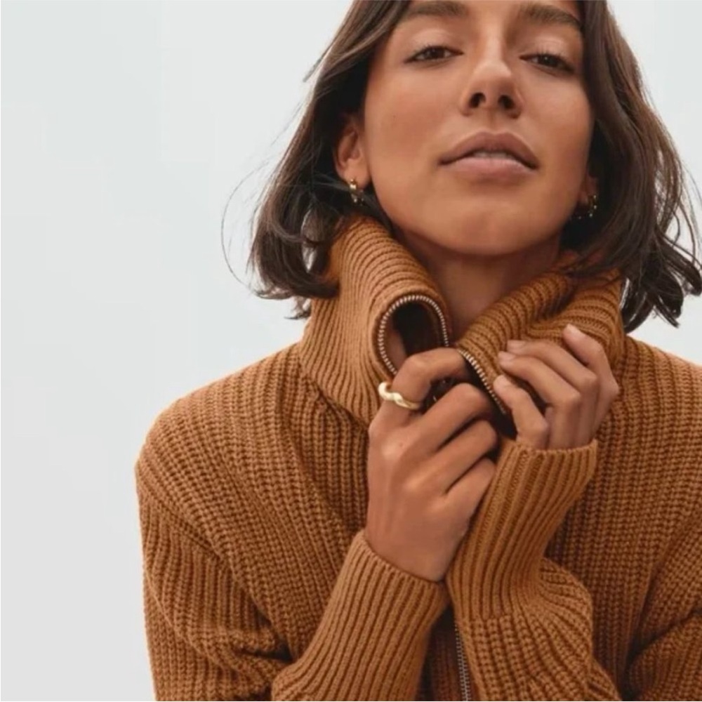 Everlane The Chunky Knit Zip Cardigan Zip Sweater Size Small NWT Toasted Almond - Picture 3 of 5